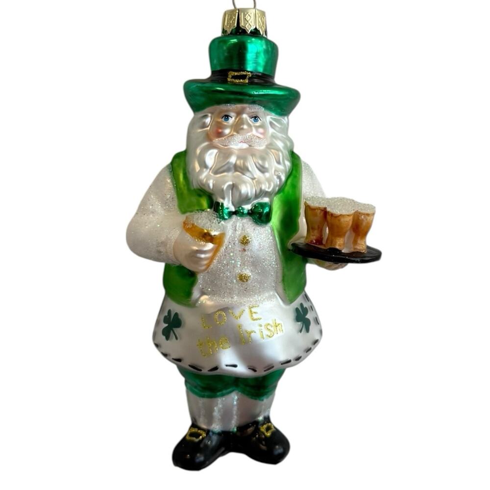 Love The Irish Santa Barkeep Green White Gold‎ Pints Beer Christmas Ornament